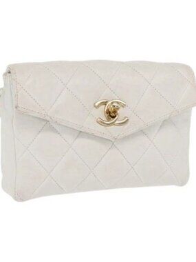 CHANEL Waist bag Lamb Skin Gold White CC Auth bs33133
